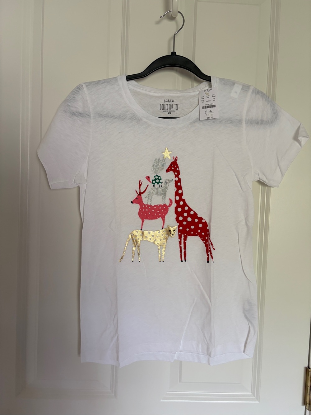 J. Crew White Short Sleeve Tee with Festive Animal Stack Graphic